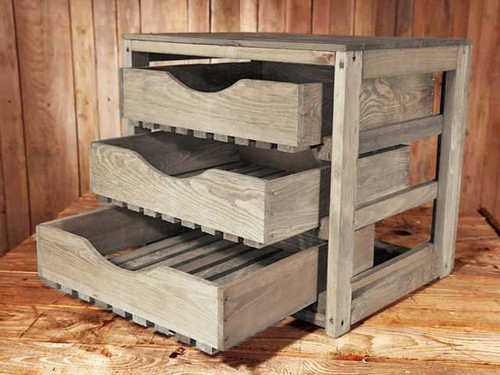 wooden storage unit without fruit or vegetables open