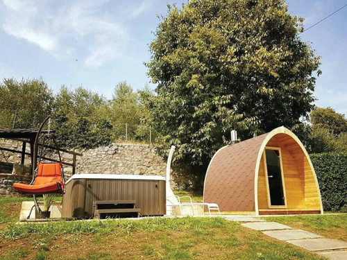 Wood fired outdoor garden sauna with hot tub